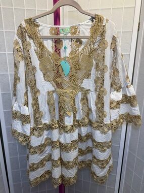 NWT Antica Sartoria Boho Lace-Trim White Cotton Tunic with Gold Embroidery